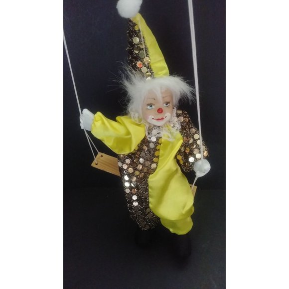 Vintage 6" Hard Plastic Face Mardi Gras Renaissance Clown Jester on a swing - Picture 4 of 10